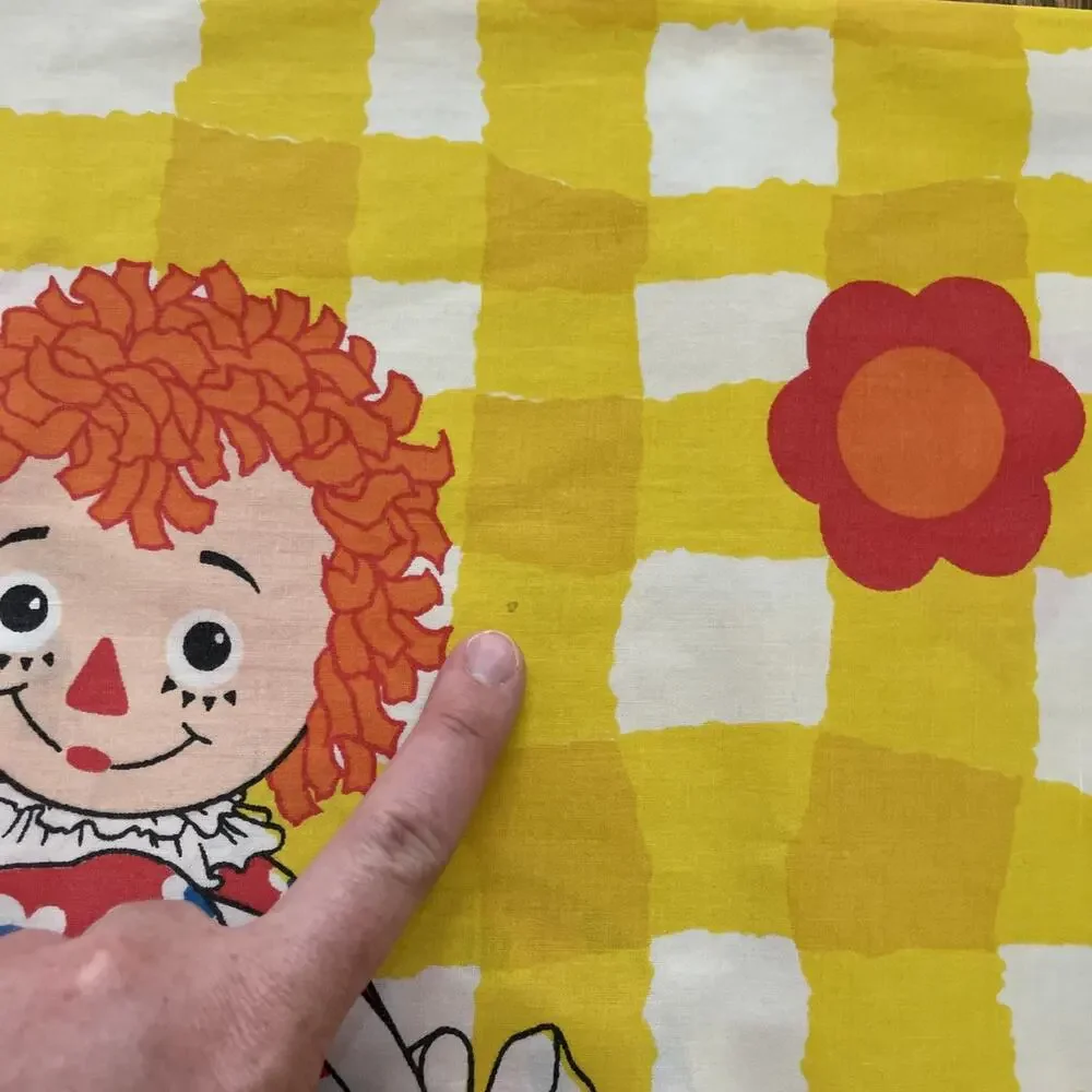 Raggedy Ann & Andy Pillowcase VTG 1970s Yellow 2-Sided Bobbs Merrill Co Bedding